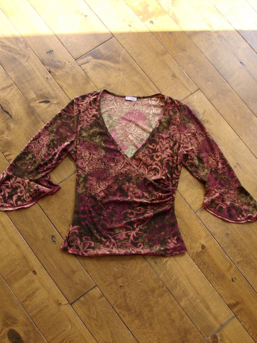 Vintage Y2K Le Chateau Wrap Blouse Top Floral Burgundy Whimsigoth Fairy Boho XS